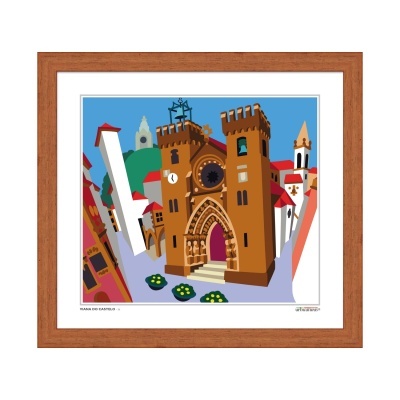 Quadro com ilustração colorida de edifício histórico com torres e relógio