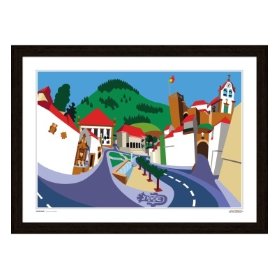 Ilustração colorida de vila com casas brancas e telhados vermelhos e colina verde, em moldura preta