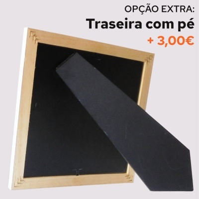 Suporte traseiro com pé para quadro de madeira clara e preto com texto de preço.