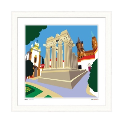 Ilustração emoldurada de monumento histórico com colunas e edifícios coloridos