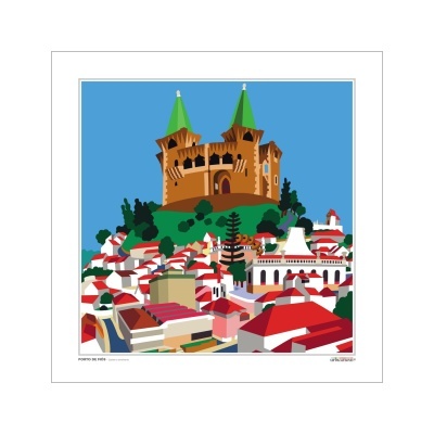 Ilustração de cidade com castelo e edifícios de telhados vermelhos