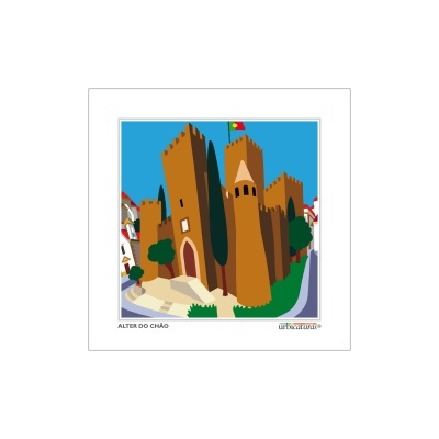 Ilustração estilizada de castelo castanho em Alter do Chão