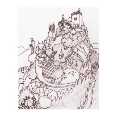 Desenho a lápis de um castelo numa colina com árvores e caminho sinuoso