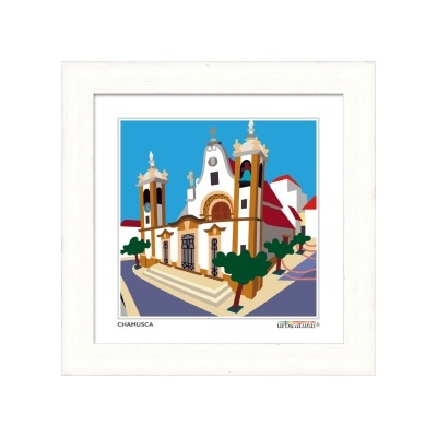 Quadro branco com ilustração colorida de edifício histórico e texto