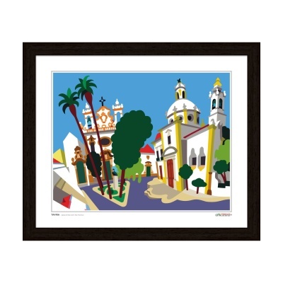 Ilustração colorida de paisagem urbana com árvores e edifícios históricos emoldurada