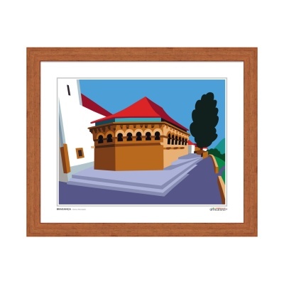 Gravura decorativa de edifício histórico com telhado vermelho em moldura de madeira