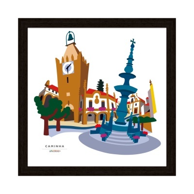 Ilustração gráfica de praça com torre de relógio e fonte em cores vivas