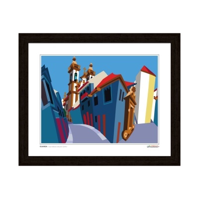 quadro decorativo com imagem digital de edifícios urbanos coloridos