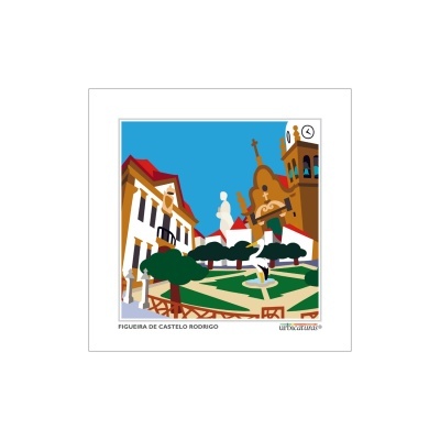 Ilustração colorida da praça de Figueira de Castelo Rodrigo com edifícios e árvores