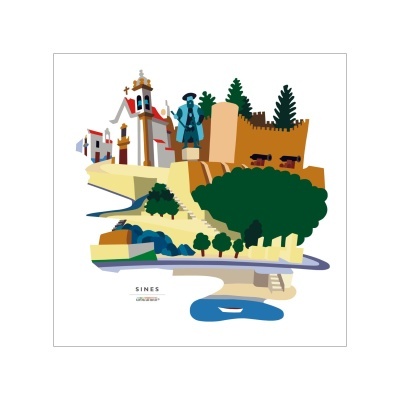 Ilustração colorida da cidade de Sines com castelo, estátua e natureza