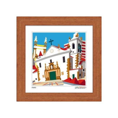 Ilustração de igreja em quadro com moldura de madeira castanha