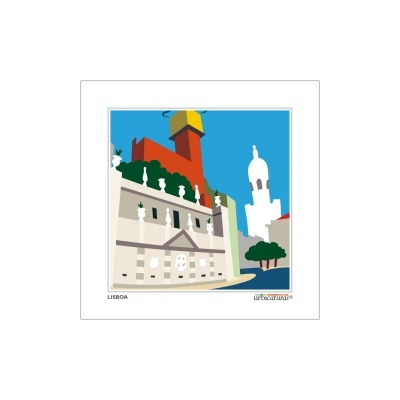 Ilustração de edifícios coloridos típicos de Lisboa com céu azul