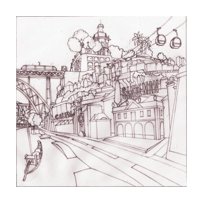 Desenho a lápis de paisagem urbana com edifícios, estrada, sinais CALIF e ISLAND OF MANH, ponte e teleféricos