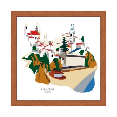 Ilustração em quadro da cidade de Albufeira com casas brancas e praia, moldura de madeira