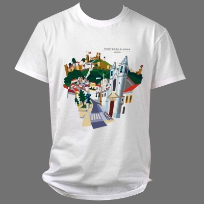 T-shirt branca com desenho colorido de edifícios e natureza com texto Montemor-o-Novo