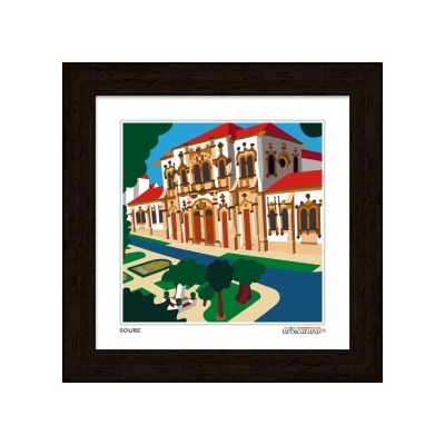 ilustração emoldurada de edifício histórico com jardim