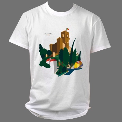T-shirt branca com desenho colorido de castelo e árvores e texto CASUAL ORIGINAL