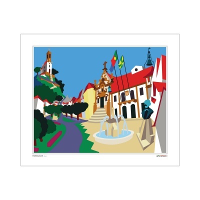 Ilustração de praça com edifícios, fontes e torre na colina