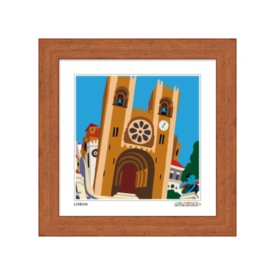 Ilustração colorida de igreja em Lisboa numa moldura de madeira