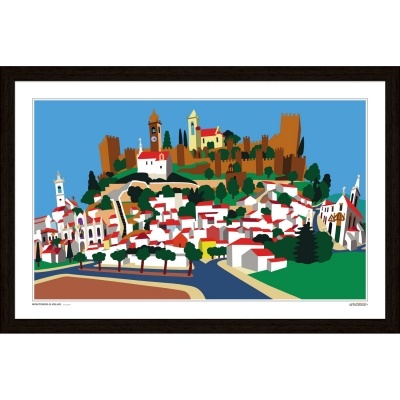 Ilustração colorida de vila com casas brancas e telhados vermelhos