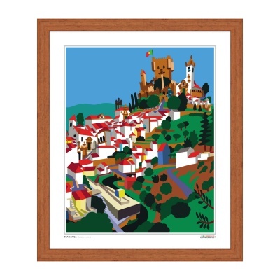 Ilustração colorida de vila com castelo e igreja emoldurada em madeira