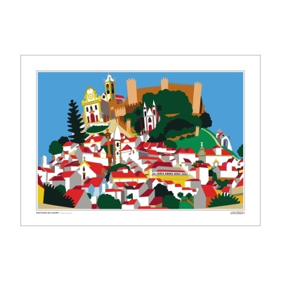Ilustração de vila com castelo no topo da colina e casas coloridas