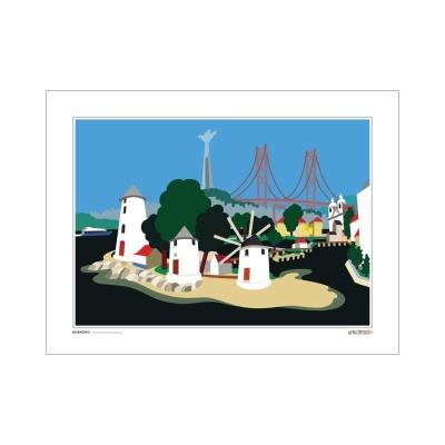 Ilustração gráfica com moinhos, árvores, ponte e monumento Cristo Rei