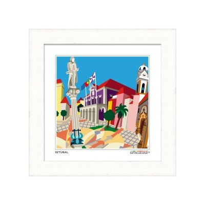 Quadro ilustrativo colorido da praça de Setúbal com estátua e bandeiras