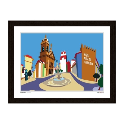 Ilustração digital colorida de uma praça com fonte, edifícios e painel 'AQUI NASCEU PORTUGAL' em moldura preta.