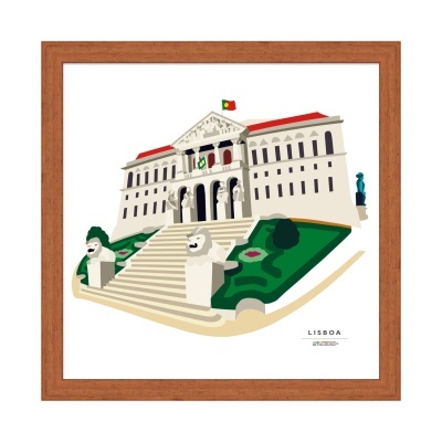 Ilustração de edifício com escadaria e bandeira de Portugal em quadro com moldura de madeira