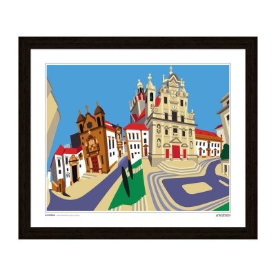 Ilustração digital de praça histórica com edifícios e calçada colorida