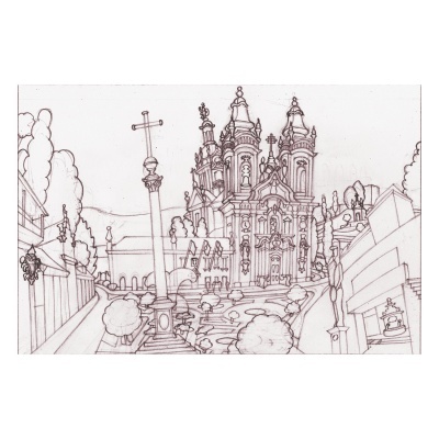 Desenho a lápis de uma catedral com detalhes arquitetónicos e coluna com cruz