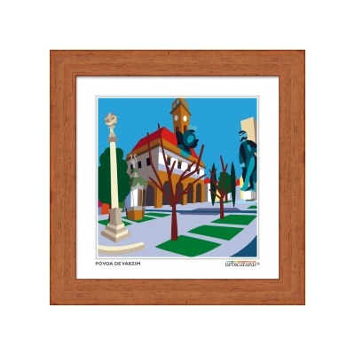 Quadro com ilustração urbana colorida e moldura de madeira