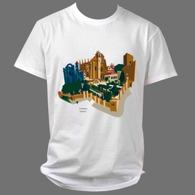 T-shirt branca com desenho colorido de edifícios históricos e texto 