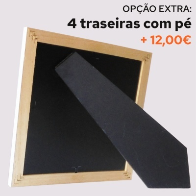Moldura quadrada em madeira clara com suporte preto e texto de opção extra no fundo