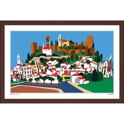 Ilustração colorida de uma vila com casas brancas e telhados vermelhos em torno de uma colina com torres