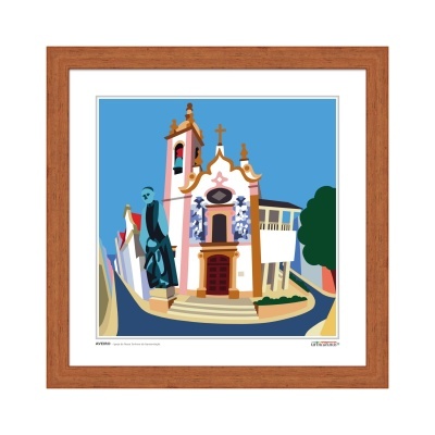 Ilustração de igreja colorida emoldurada em madeira castanha