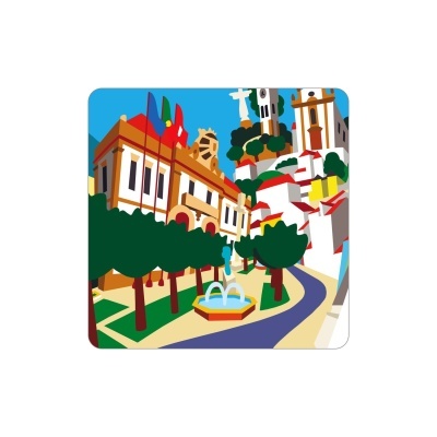 Desenho gráfico de cidade com edifícios, árvores e fonte