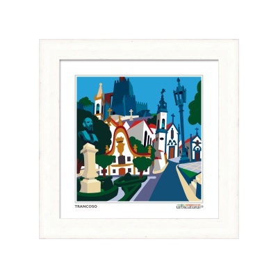 Ilustração colorida de aldeia histórica emoldurada