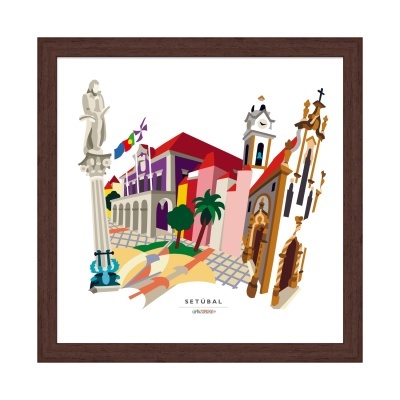 Ilustração colorida de monumentos de Setúbal em moldura de madeira