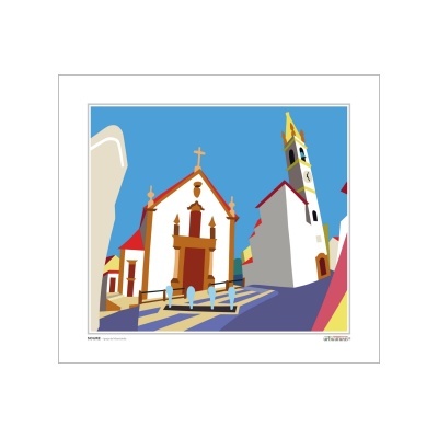 Igreja com torre sineira estilizada em cores vivas e céu azul