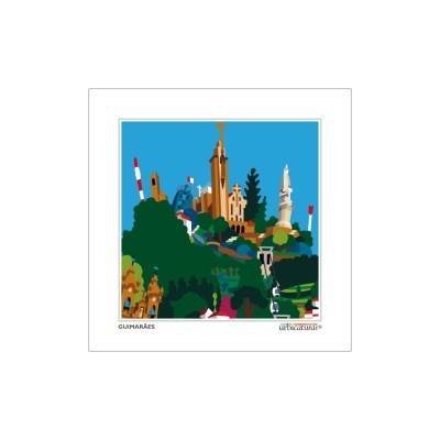 Ilustração colorida de monumentos de Guimarães com texto
