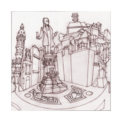 Desenho a lápis de estátua numa praça com edifícios à volta