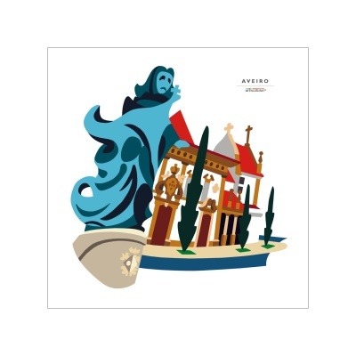 Ilustração estilizada de monumentos e edifícios de Aveiro com escultura azul