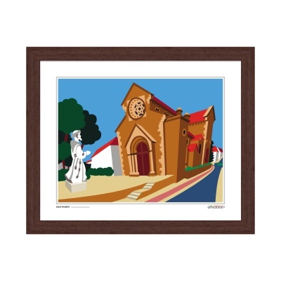 Imagem digital de igreja estilizada com estátua e moldura castanha