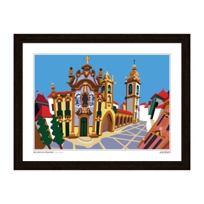 Quadro digital com igreja amarela e céu azul, titulado Igreja da Piedade - Ponte de Lima