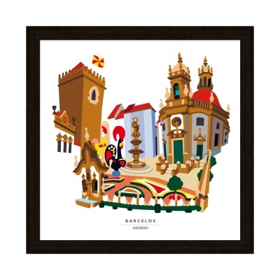 Ilustração digital colorida de pontos turísticos de Barcelos em moldura preta