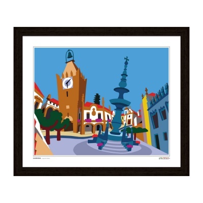 Ilustração colorida de praça com fonte e torre de relógio emoldurada