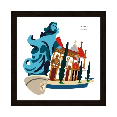 Ilustração colorida de monumentos de Aveiro com escultura azul, edifícios e árvores num quadro preto