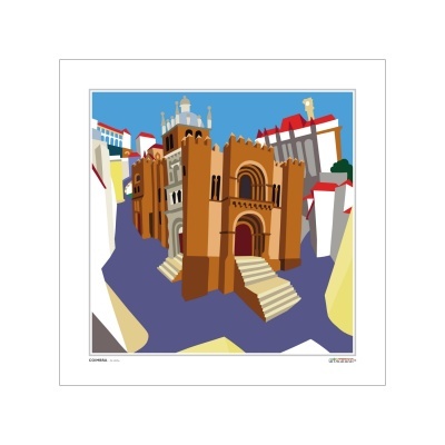 Ilustração de edifício histórico castanho com escadas vermelhas em ambiente urbano com céu azul